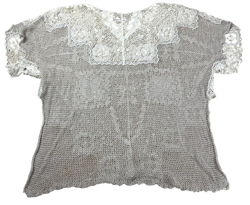 TRIPP Shirt Women's XS/S Beige Linen Lace Crochet Embellished Summer Beach